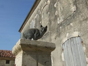 Eine Katzenskulptur auf einer Säule in La Romieu